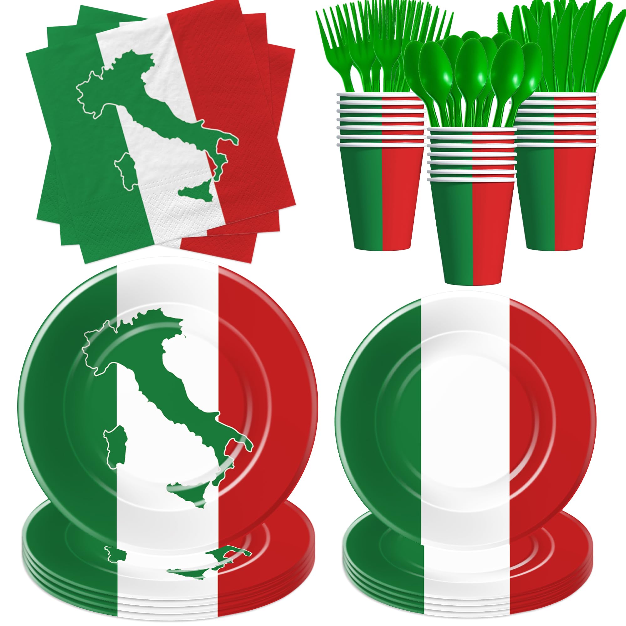 Suhelkit Italian Party Decorations Tableware - Disposable Italy Flag Party Supplies, Paper Plate, Napkin, Cup, Cutlery, Italian Flag Party Decorations Dinnerware For Birthday Baby Shower | 24 Guests