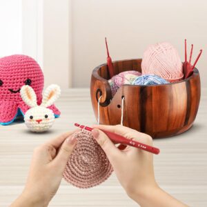 Large Yarn Bowl Holder, 8.7''Knitting Bowl with 9pcs Crochet Hooks, Wooden Yarn Holder Dispenser Yarn Storage Bowls for Crocheters Knitters Craft (Brown 8.7inch)