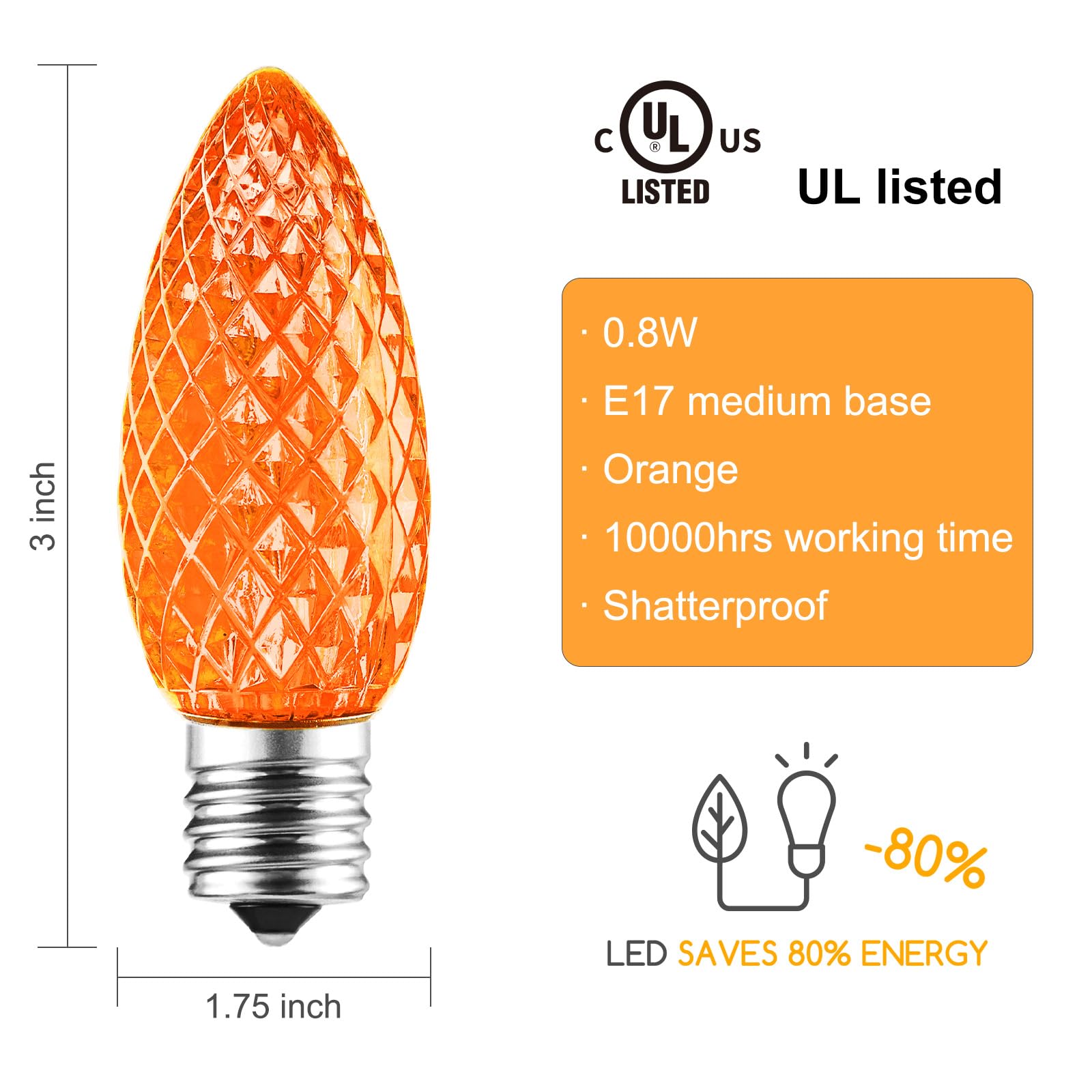 25 Pack C9 Led Replacement Halloween Light Bulb, Orange C9 Shatterproof Led Bulb for Halloween String Light, E17 Intermediate Base, Commercial Grade Dimmable Bulbs