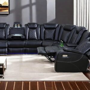 A Ainehome Power Reclining Sectional Sofa Couch with LED Light, Leather Recliner Electric Reclining Sectional Couch Recliner Sofa Set with Cup Holder,USB Port,Storage Console for Living Room (Black)