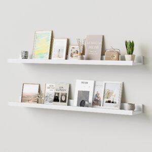 acovy floating shelves for wall, 36 inch solid wood picture ledge shelf, picture shelf for wall with ledge, floating book shelves for living room bedroom kitchen nursery decor, white, set of 2