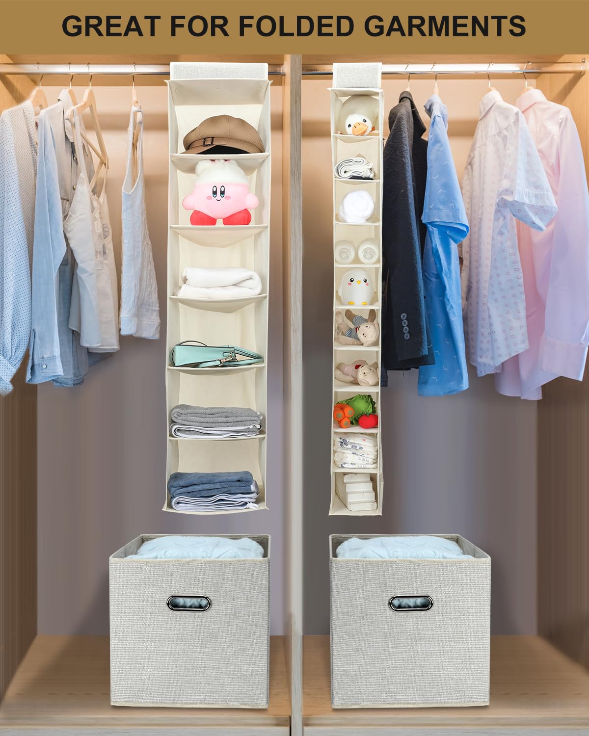 NEATJELAI Hanging Closet Organizer 6 Tier Hanging Shelf for Wardrobe Clothes Organization and Storage,Large Shoe Organizer Foldable Design, Beige