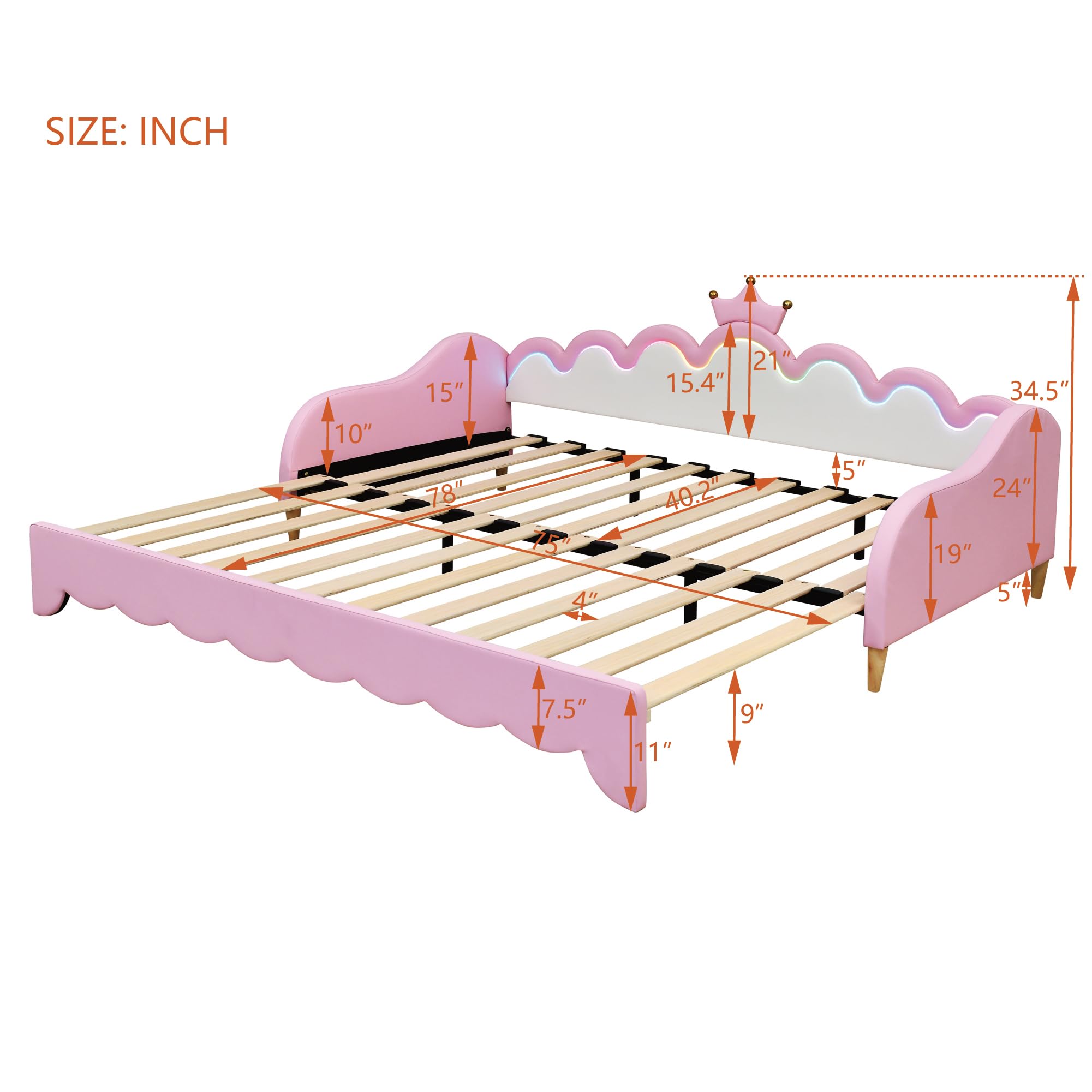 Merax Twin Size Upholstered Princess Bed Frame with Crown Headboard and Light Strips, Space-Saving Extending Daybed Pull Out Sofa Bed for Girls Teens Kids Bedroom, No Box Spring Needed, Pink