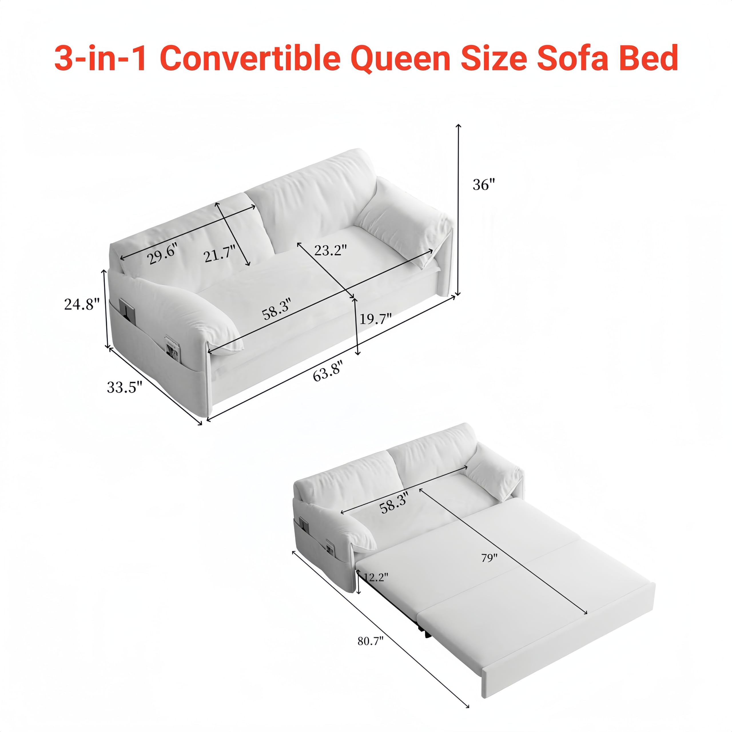 HomSof 63.8" Queen Pull Out Sofa Bed,3-in-1 Convertible Sleeper Sofa with 2 Soft Pillows,Multi-Functional Velvet Loveseat Bed for Living Room,Bedroom,Apartment,Office,Grey