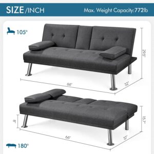 66'' Convertible Futon Sofa Bed Modern Folding Small Couch Bed Linen Fabric, Recliner Lounge Sofa for Living Room with 2 Cup Holders, Removable Armrests, Sleeper Loveseat, Futon Set (Black+ Gray)