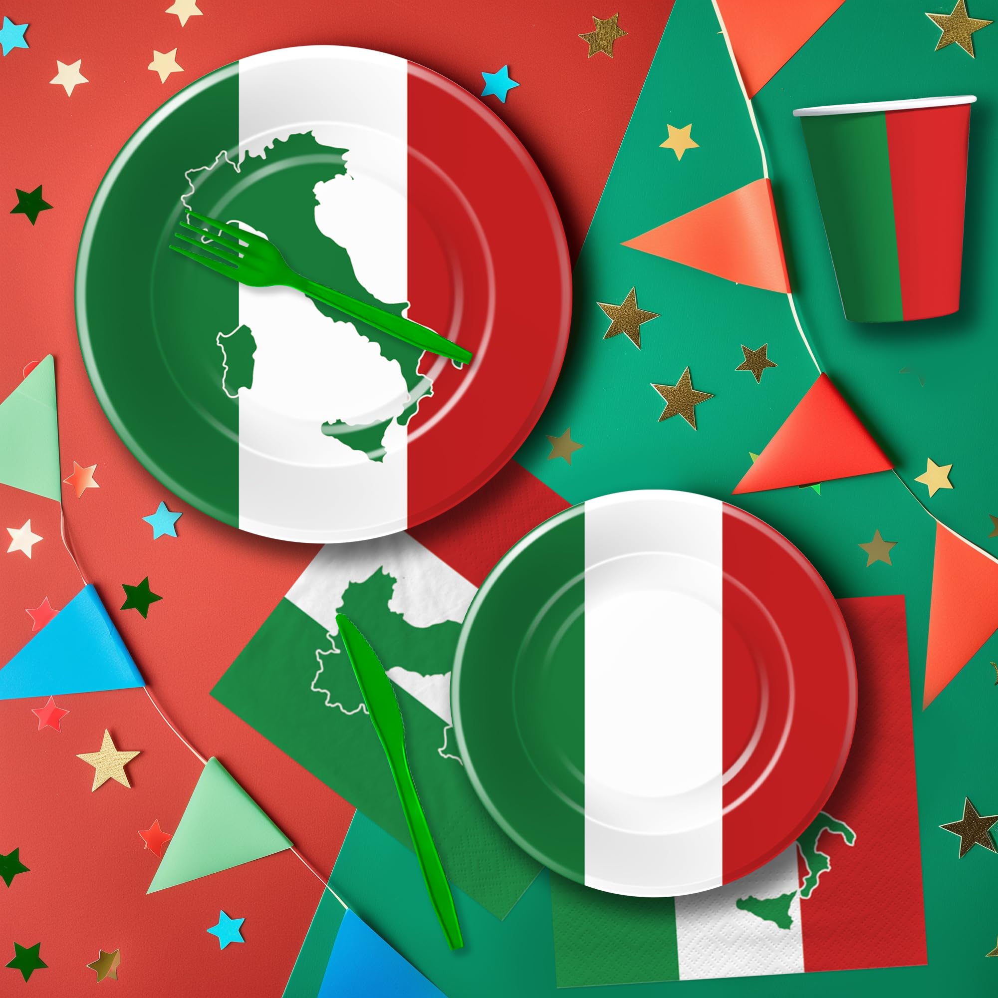 Suhelkit Italian Party Decorations Tableware - Disposable Italy Flag Party Supplies, Paper Plate, Napkin, Cup, Cutlery, Italian Flag Party Decorations Dinnerware For Birthday Baby Shower | 24 Guests