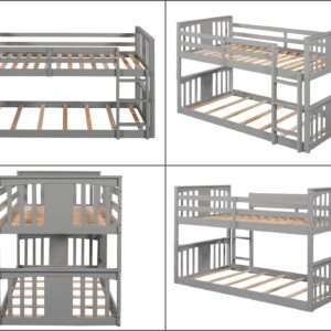 Merax Kids Bunk Bed Twin Over Twin, Wood Low Floor Bunkbed with Stairs Guardrail for Boys, Girls, Toddlers, No Box Spring Required, Grey