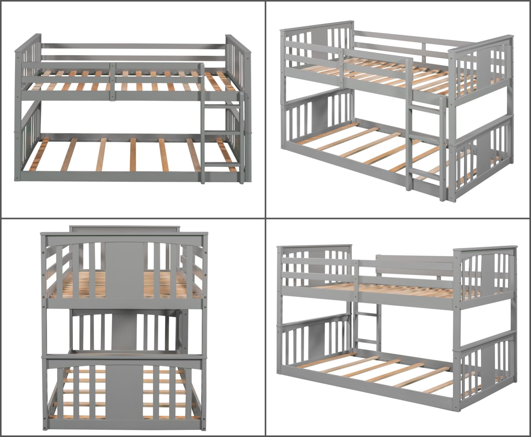 Merax Kids Bunk Bed Twin Over Twin, Wood Low Floor Bunkbed with Stairs Guardrail for Boys, Girls, Toddlers, No Box Spring Required, Grey