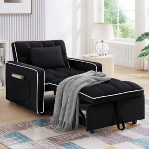 convertible sleeper chair bed, 3 in 1 modern velvet pull out sofa bed chair, small tufted single sleeper chair with adjustable backrest/pillow for living room, small spaces, apartment, office, black