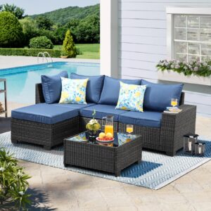 terrarelax patio furniture set 5 pieces all weather patio conversation sets wicker pe rattan outdoor sectional couch sofa with cushion ottoman table for poolside peacock, garden, backyard navy