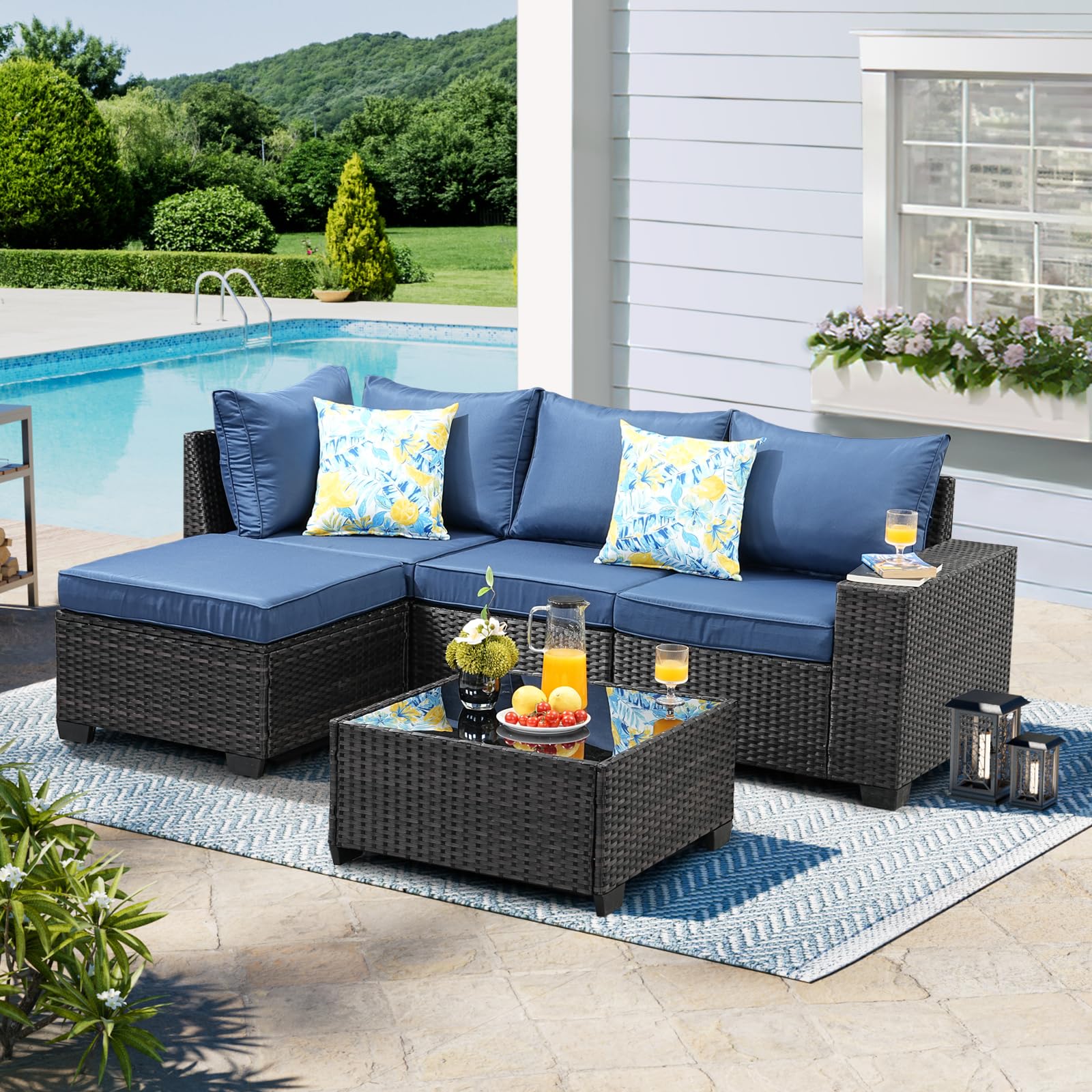 TerraRelax Patio Furniture Set 5 Pieces All Weather Patio Conversation Sets Wicker PE Rattan Outdoor Sectional Couch Sofa with Cushion Ottoman Table for Poolside Peacock, Garden, Backyard Navy