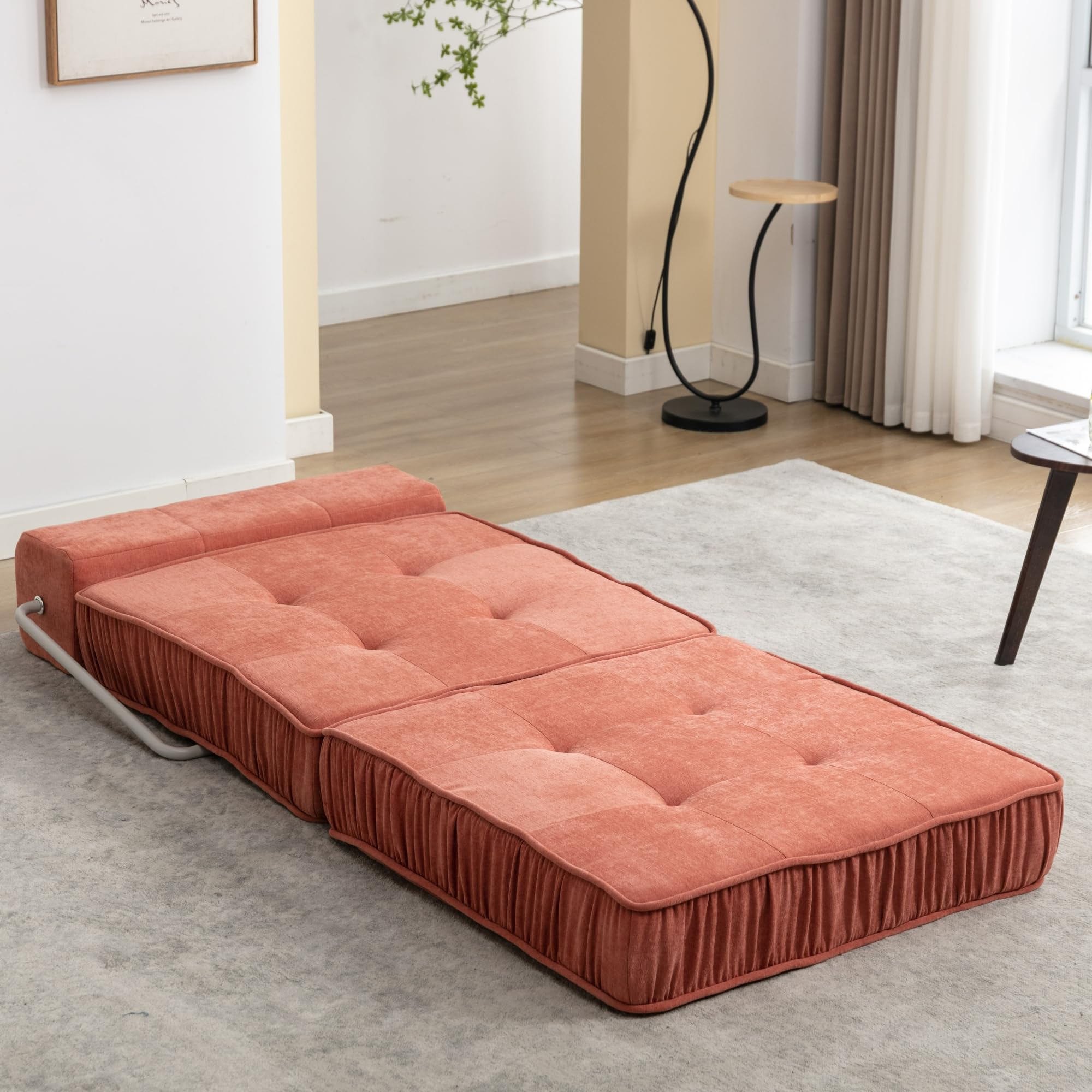 ROCKINGRUN Folding Sofa Bed,Convertible Memory Foam Couch,Chenille Sleeper Chair Floor Couch with Removable Back Cushion,Futon Sofa Bed for Living Room, Guest Room, Apartment, Small Space,Orange