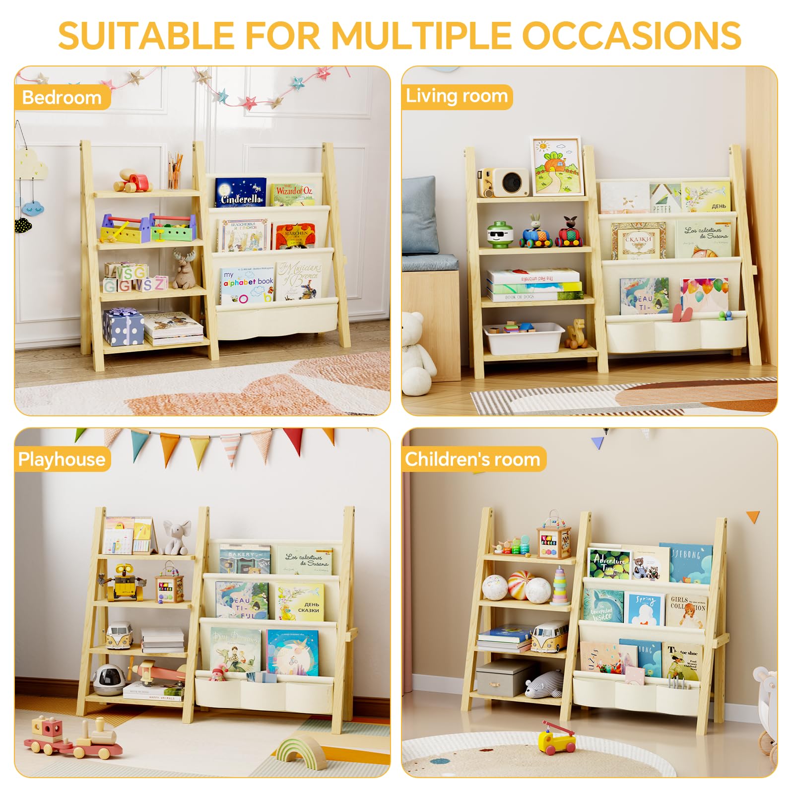 Oenalw Toy Storage Organizer with Kids Bookshelf, Montessori Wooden Toy Organizer Book Shelf for Kids Rooms, Nursery, Playroom, Child, Baby, Toddler Bookcase, Toys Rack Fabric Sling Book Shelves