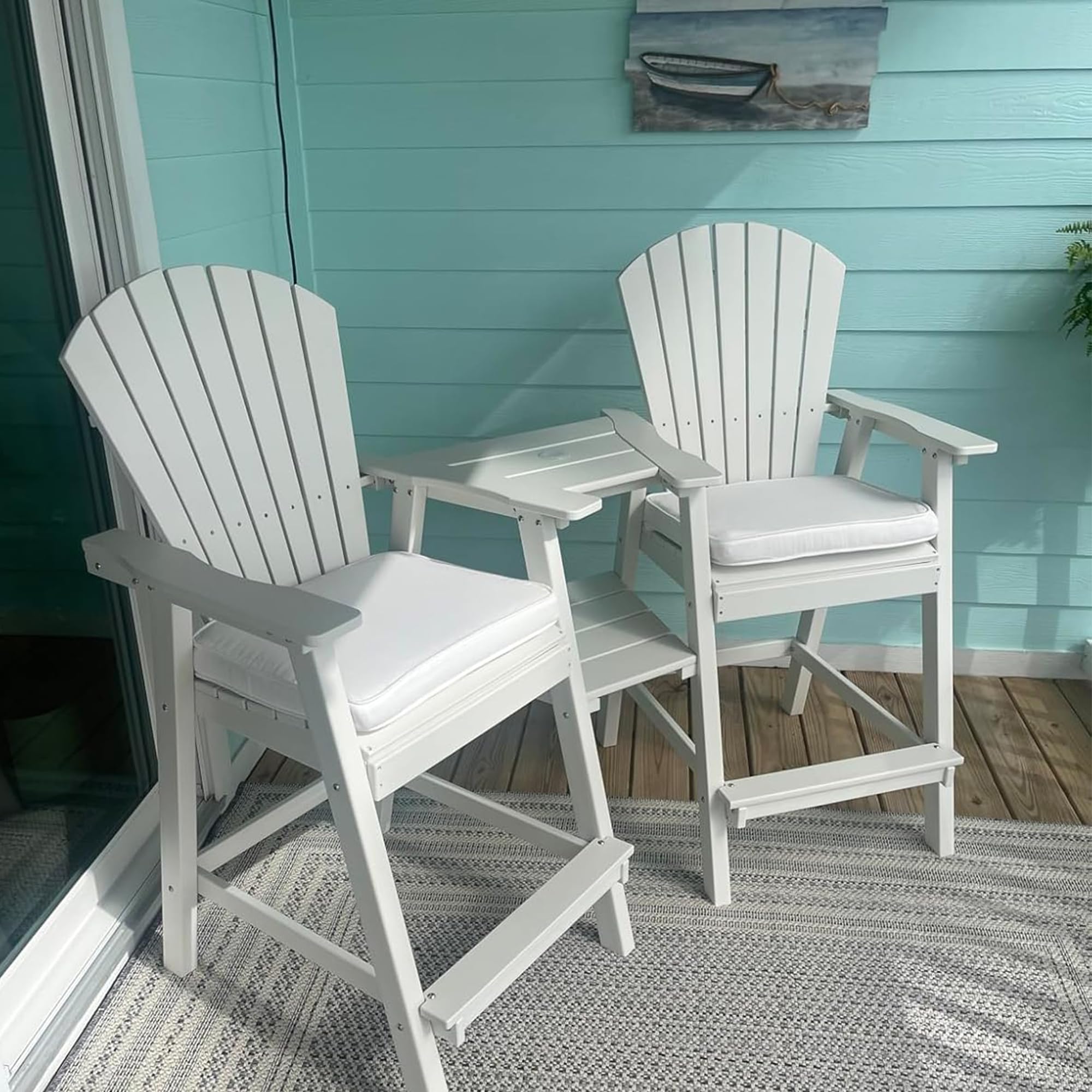 NAVINE Tall Adirondack Chairs Set of 2, HDPE Balcony Chair with Double Connecting Tray, Weather Resistant Outdoor Adirondack Bar Stools for Patio, Deck, Patio, Backyard, Balcony.(White)