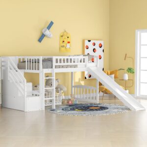 merax wooden twin size loft bed bedframe with two drawers,convertible slide and ladder for boys and girls