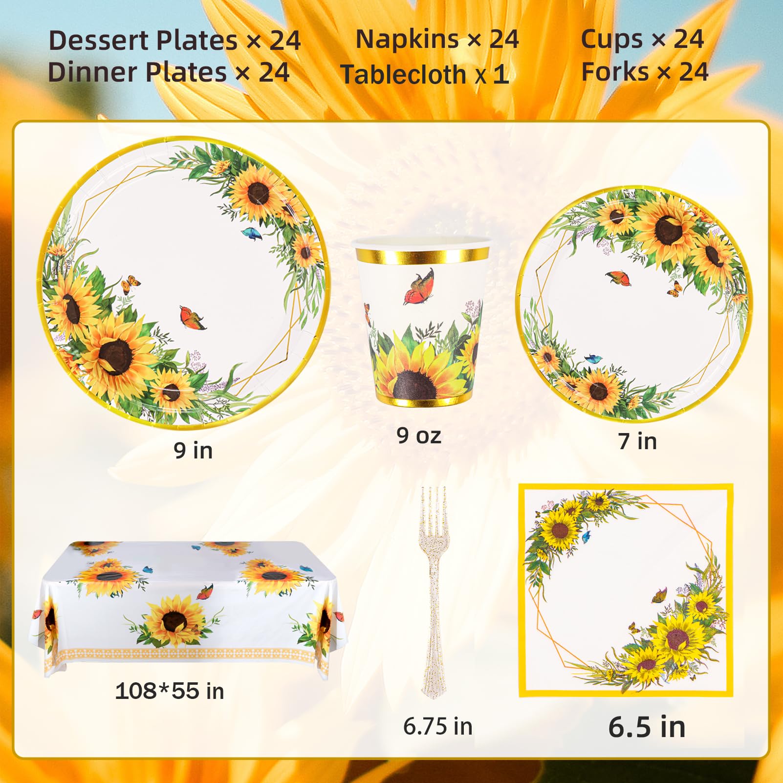 Sunflower Party Supplies, Disposable Sunflower Plates, Cups, Napkins and Cutlery for Birthday, Bridal Shower, Sunflower Party Decorations Serves 24