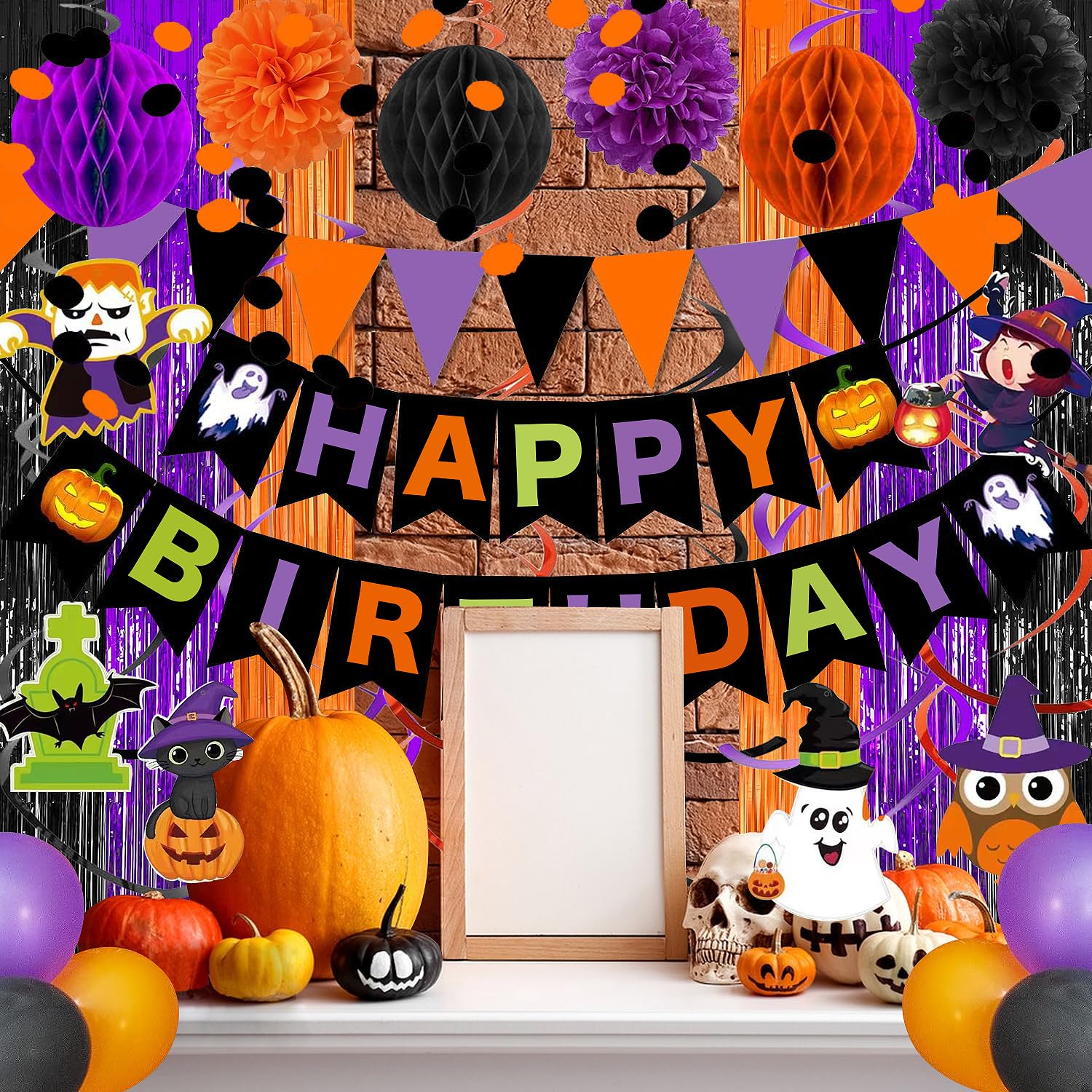 Halloween theme Birthday Party Decorations,Happy Birthday Decorations with Paper Triangle Flag,Hanging Swirl Streamers,Honeycomb Ball,Tissue Paper Pom,Circle Dots Garland, Fringe Curtains (birthday)