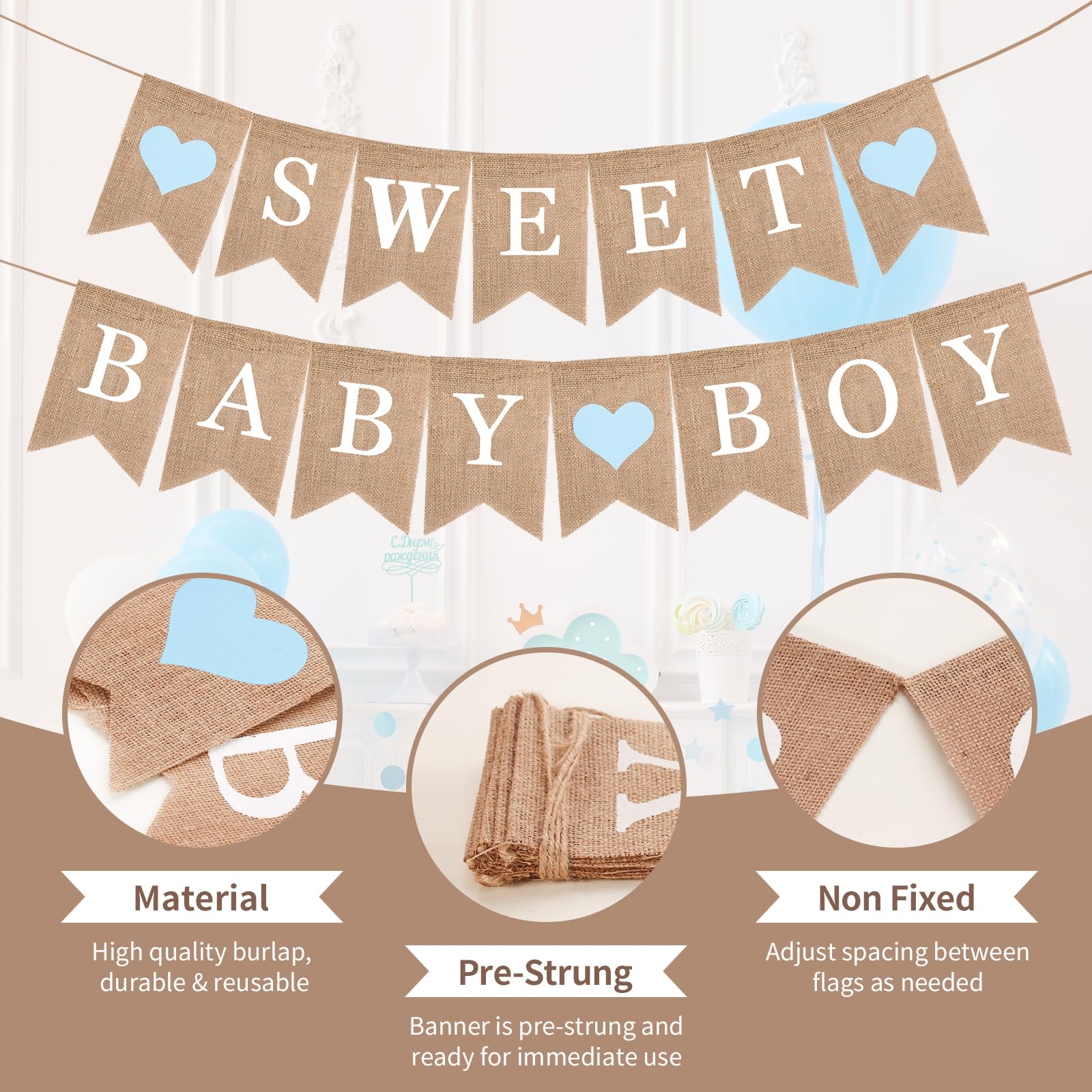 Sweet Baby Boy Banner Sign - Pre-Strung Welcome Baby Banner Baby Shower Banner - Baby Boy Banner Sign for Backdrop - Baby Shower Banner Sign Decorations for Baby Shower