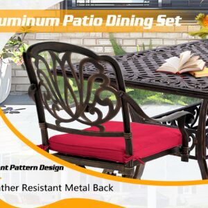 TITIMO Cast Aluminum 7-Piece Patio Dining Set with Cast-Top Table and Flower Swivel Rockers Chairs with Cushions, Outdoor Furniture Set for Backyard Porch Pool (Red)