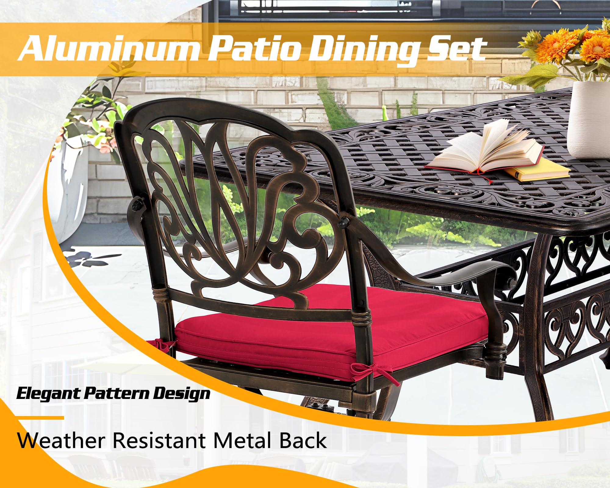 TITIMO Cast Aluminum 7-Piece Patio Dining Set with Cast-Top Table and Flower Swivel Rockers Chairs with Cushions, Outdoor Furniture Set for Backyard Porch Pool (Red)