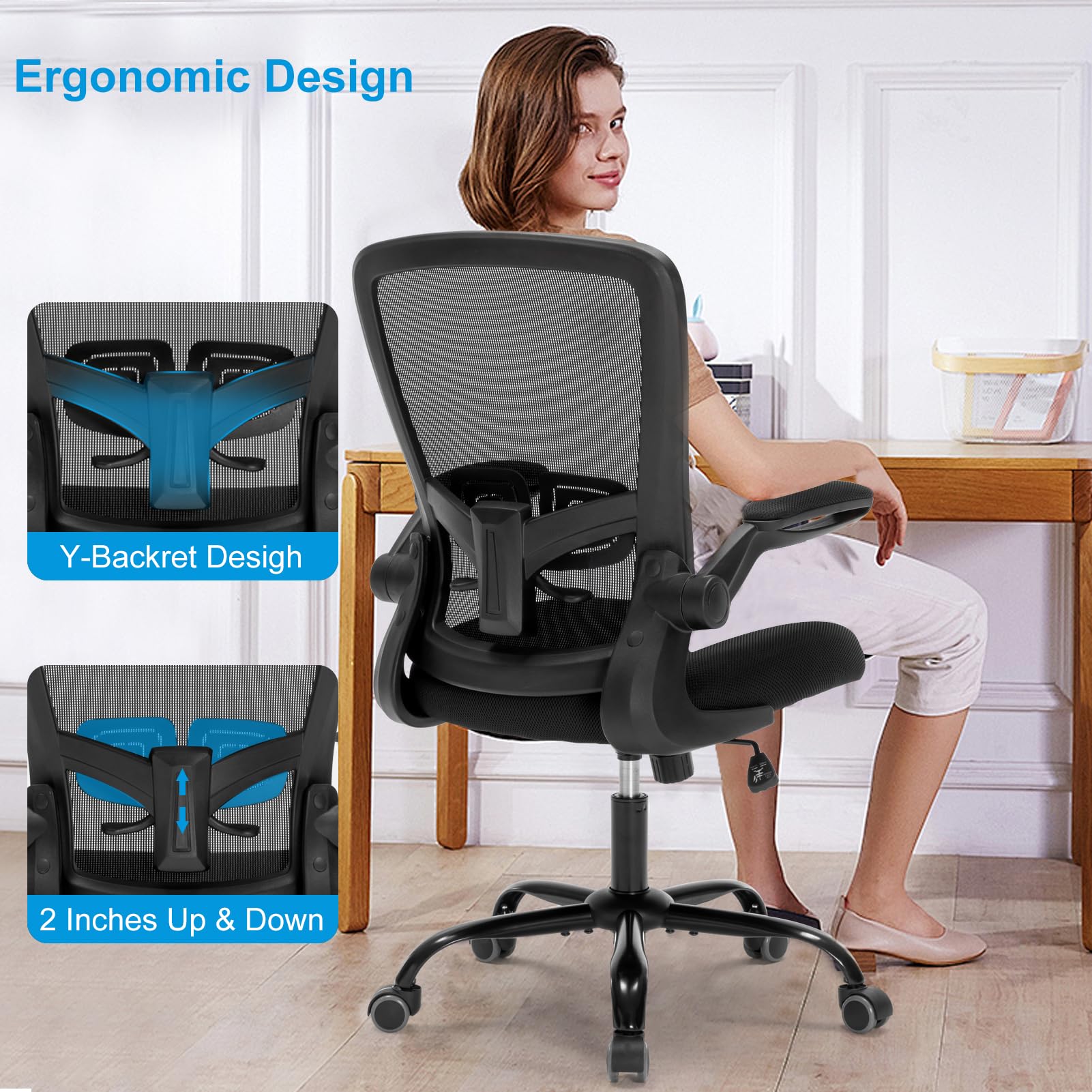 Office Computer Desk Chair，Ergonomic Executive Office Chair with Mesh, Adjustable Lumbar Support, Swivel Rolling for Home, Bedroom, Study, Student, Adults, Black