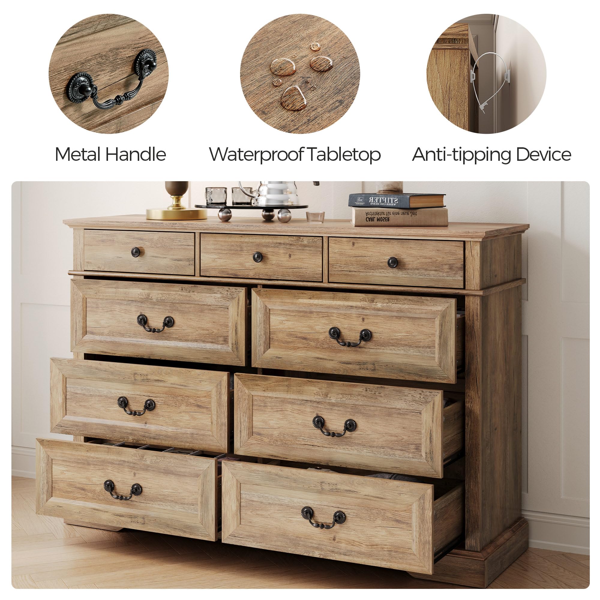 LINSY HOME Farmhouse 9 Drawers Dresser for Bedroom, Wood Bedroom Dresser Farmhouse Drawer Chest, 9 Chest of Drawer, Tall Dresser for Closet, Dressers Organizer for Living Room, Closet, Hallway, Brown