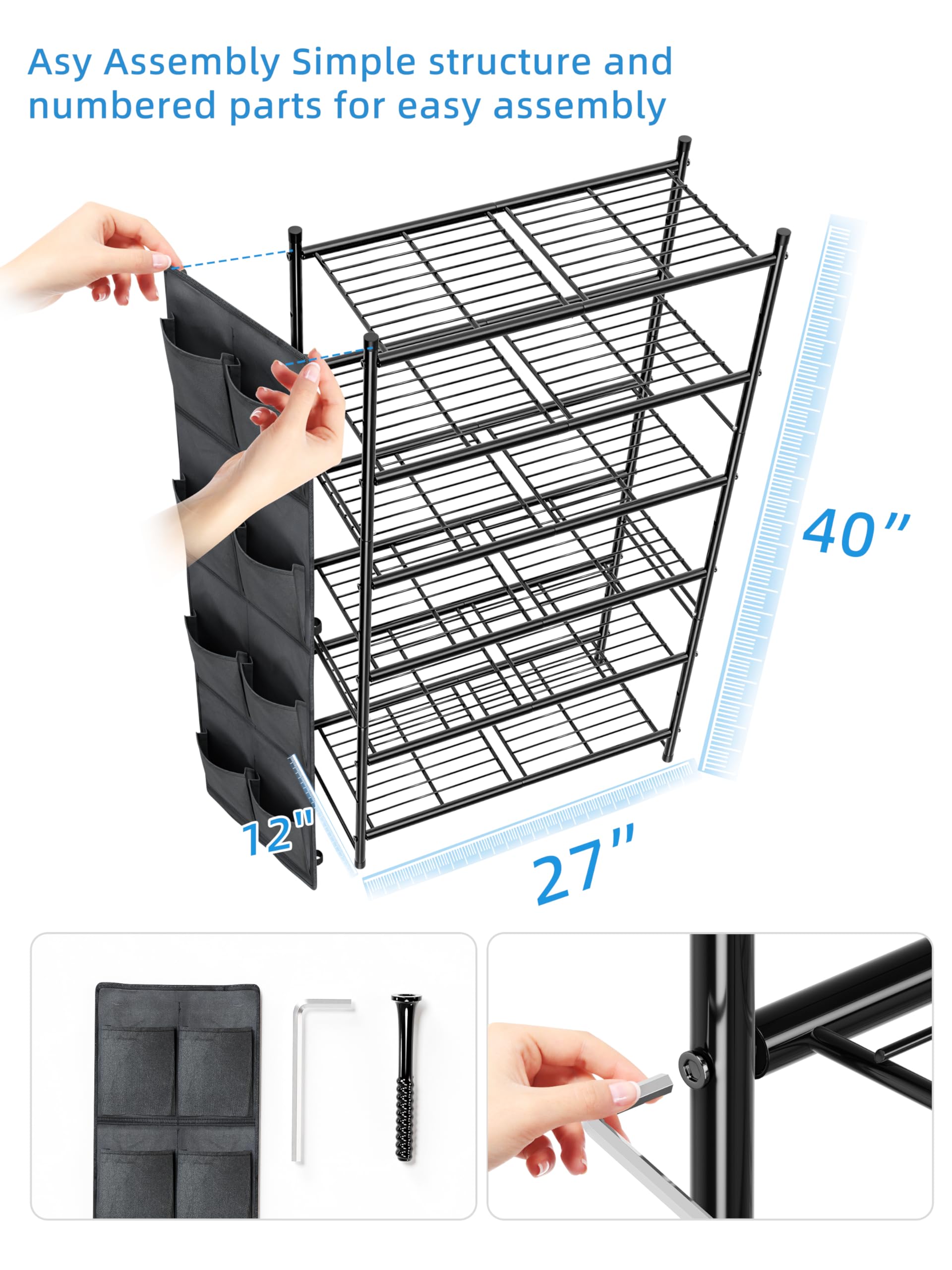 MWQ 6 Tier Shoe Rack Metal with Side Pocket, Sturdy Tall Shoe Organizer Storage Shelf for Closet, Black