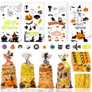 gomanche halloween cellophane treat bags, 100 pcs clear halloween goodie bags with 100pcs twists ties, 4 styles halloween cellophane candy bags with gift tag for kids halloween party supplies