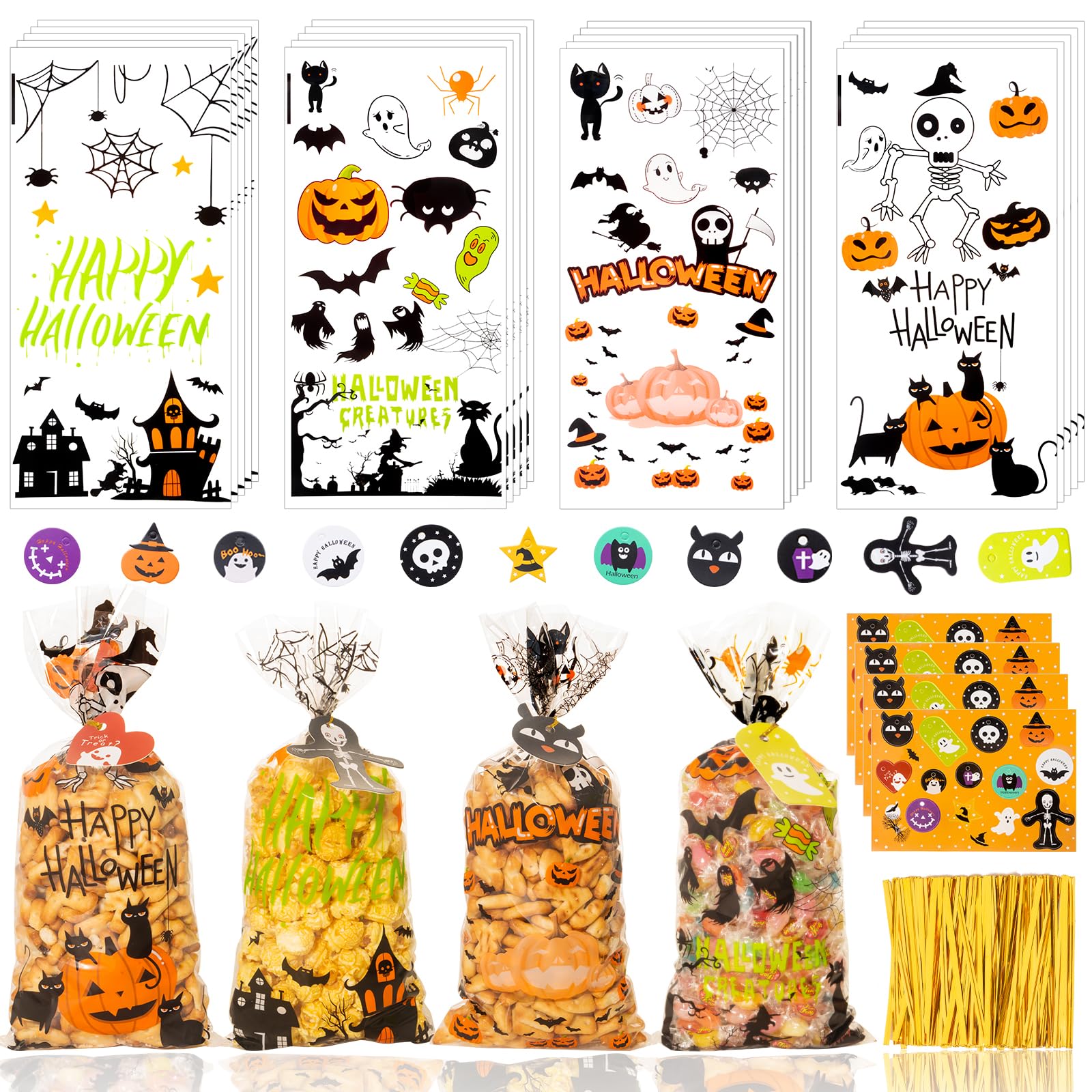 GOMANCHE Halloween Cellophane Treat Bags, 100 pcs Clear Halloween Goodie Bags with 100pcs Twists Ties, 4 Styles Halloween Cellophane Candy Bags with Gift Tag for Kids Halloween Party Supplies