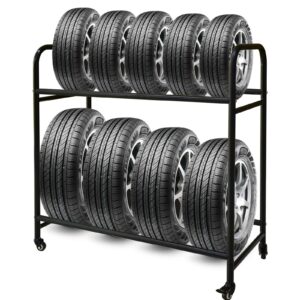 Landrol Tire Cart Rack Organizer, Heavy Duty Mobile Tire Holder for Garage Storage, Adjustable Tire Stand Indoor/Outdoor with 2 Universal Rolling Wheels Shelves