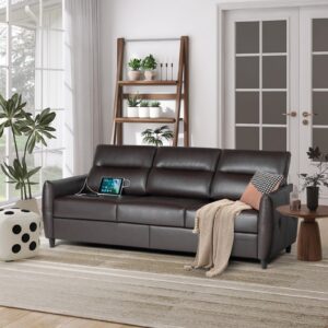 STHOUYN 85” Brown 3 Seater Couch with USB, Mid Century Modern Leather Sofas Couches for Living Room Small Spaces, Apartment Couch, Large Office Couch, Stain Resistant & 3 Tufted Cushion (Brown)