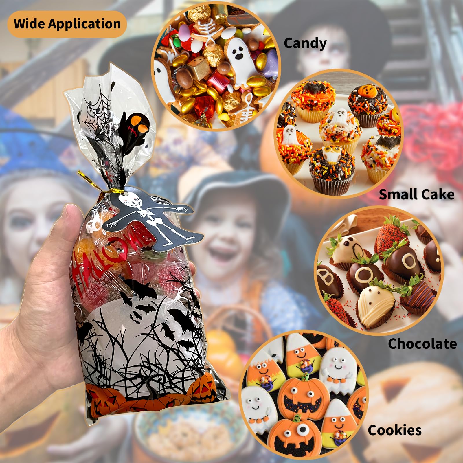 GOMANCHE Halloween Cellophane Treat Bags, 100 pcs Clear Halloween Goodie Bags with 100pcs Twists Ties, 4 Styles Halloween Cellophane Candy Bags with Gift Tag for Kids Halloween Party Supplies