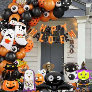 9PCS Large Halloween Foil Balloons Set Happy Halloween Banner Foil Balloons, Pumpkin Witch Bat Ghost Spider Mylar for Halloween Party Decorations Trick or Treat Supplies