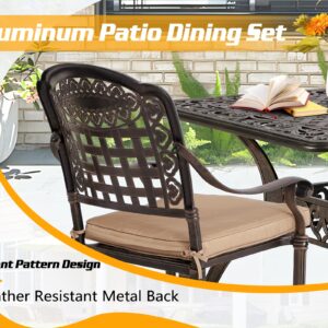 TITIMO Cast Aluminum Patio Dining Set 7-Piece with Cast-Top Table and Chairs with Cushions,Outdoor Furniture Set for Backyard Porch Pool (6 Love Chairs+Rect Table+Khaki Cushions)