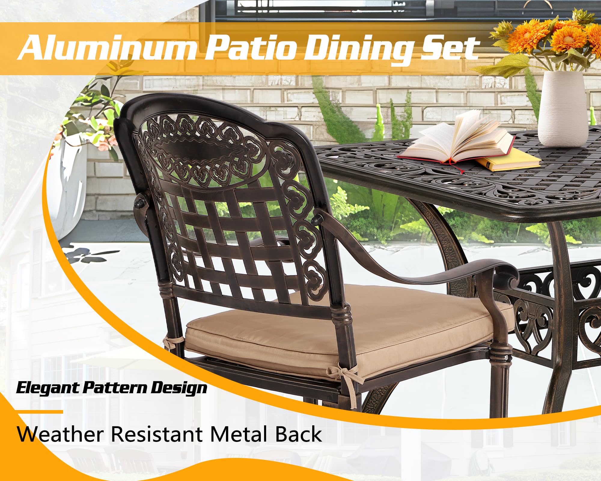 TITIMO Cast Aluminum Patio Dining Set 7-Piece with Cast-Top Table and Chairs with Cushions,Outdoor Furniture Set for Backyard Porch Pool (6 Love Chairs+Rect Table+Khaki Cushions)