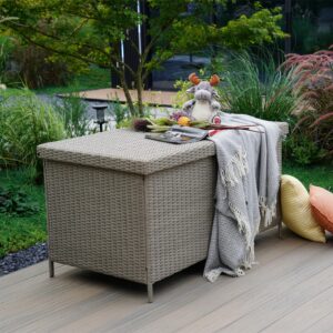 Grand patio 158 Gallon Deck Box,Outdoor Storage Box with Lid Large Wicker Storage Bin for Patio Furniture Cushions,Garden Tools,Pool Accessories,Grey