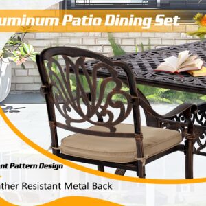 TITIMO Cast Aluminum Patio Dining Set 7-Piece with Cast-Top Rectangular Table and 6 Flower Chairs with Cushions,Outdoor Furniture Set for Backyard Porch Pool (Khaki)