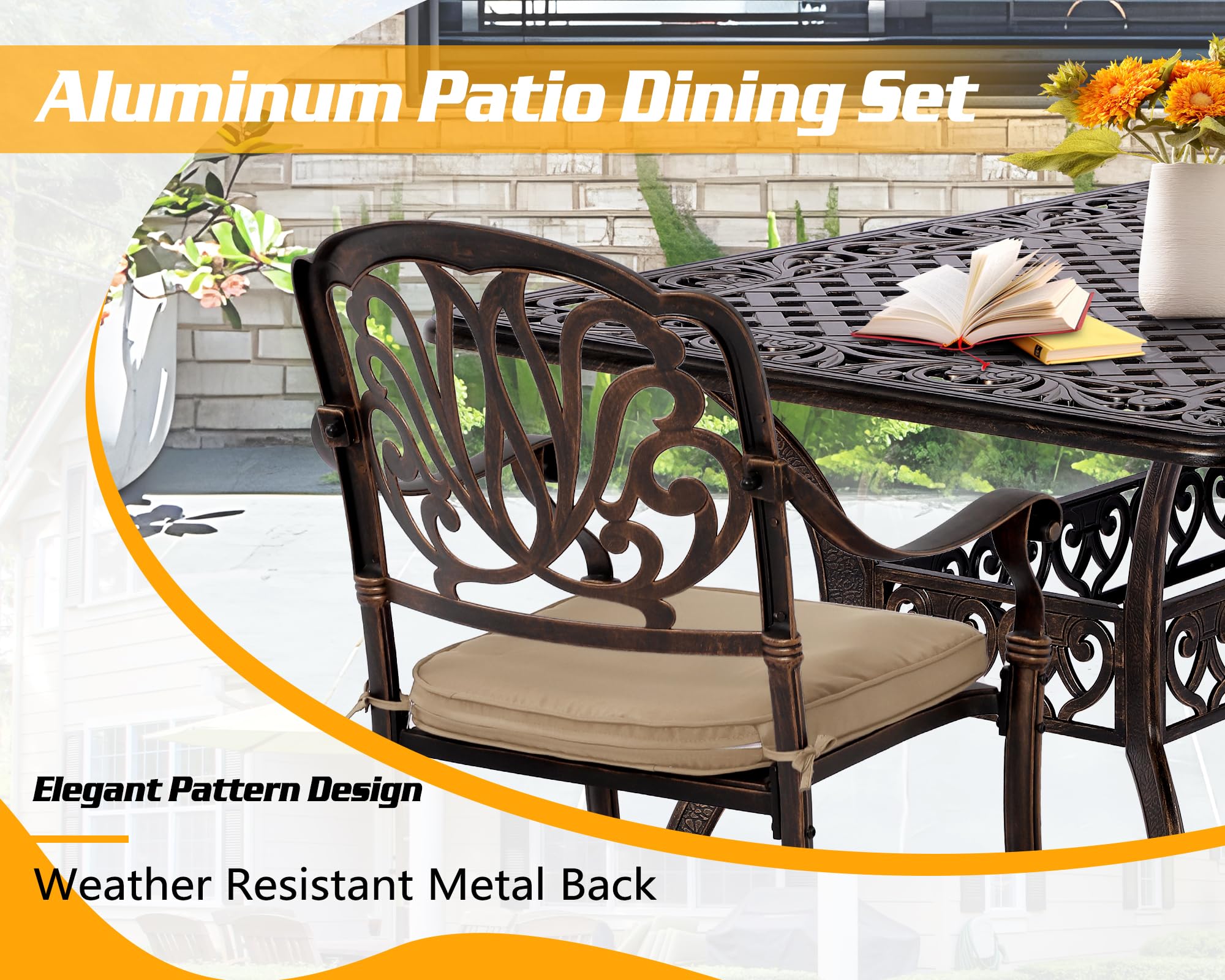 TITIMO Cast Aluminum Patio Dining Set 7-Piece with Cast-Top Rectangular Table and 6 Flower Chairs with Cushions,Outdoor Furniture Set for Backyard Porch Pool (Khaki)