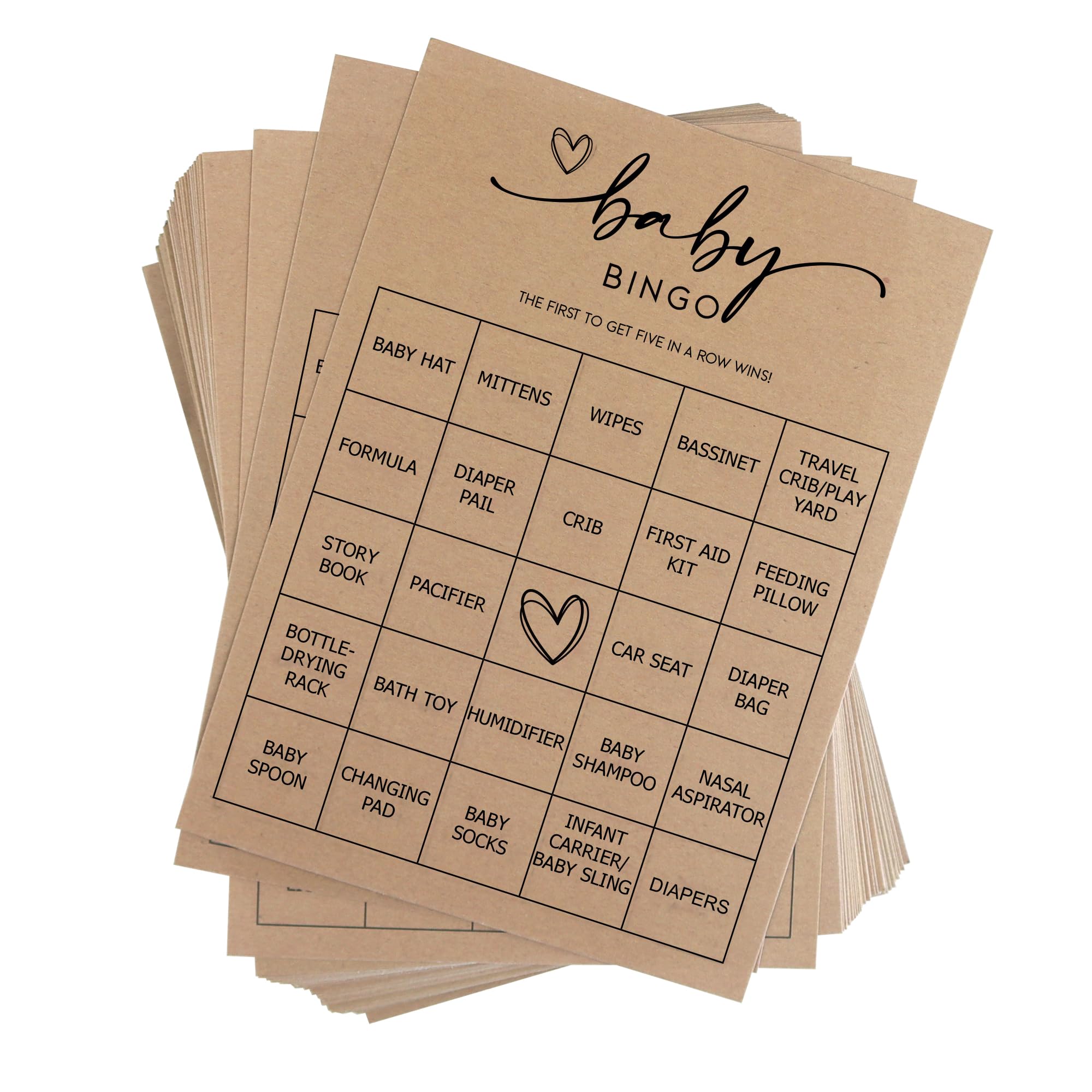 Baby Bingo Game (50 Unique Cards) Kraft Pre-Filled Fun Baby Shower Game Activity, Preforated Calling Cards, Gender Neutral Boy or Girl, Minimalist