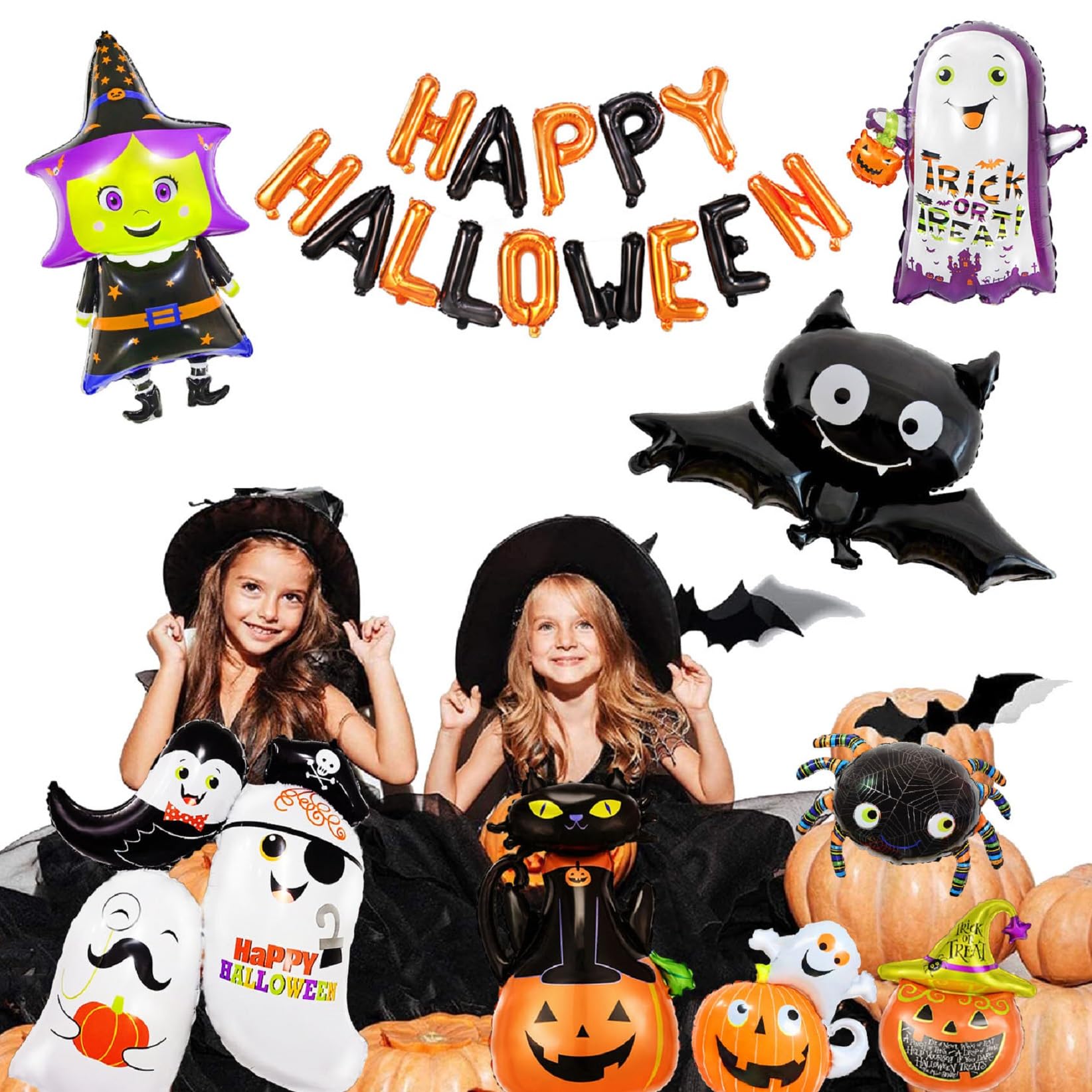 9PCS Large Halloween Foil Balloons Set Happy Halloween Banner Foil Balloons, Pumpkin Witch Bat Ghost Spider Mylar for Halloween Party Decorations Trick or Treat Supplies