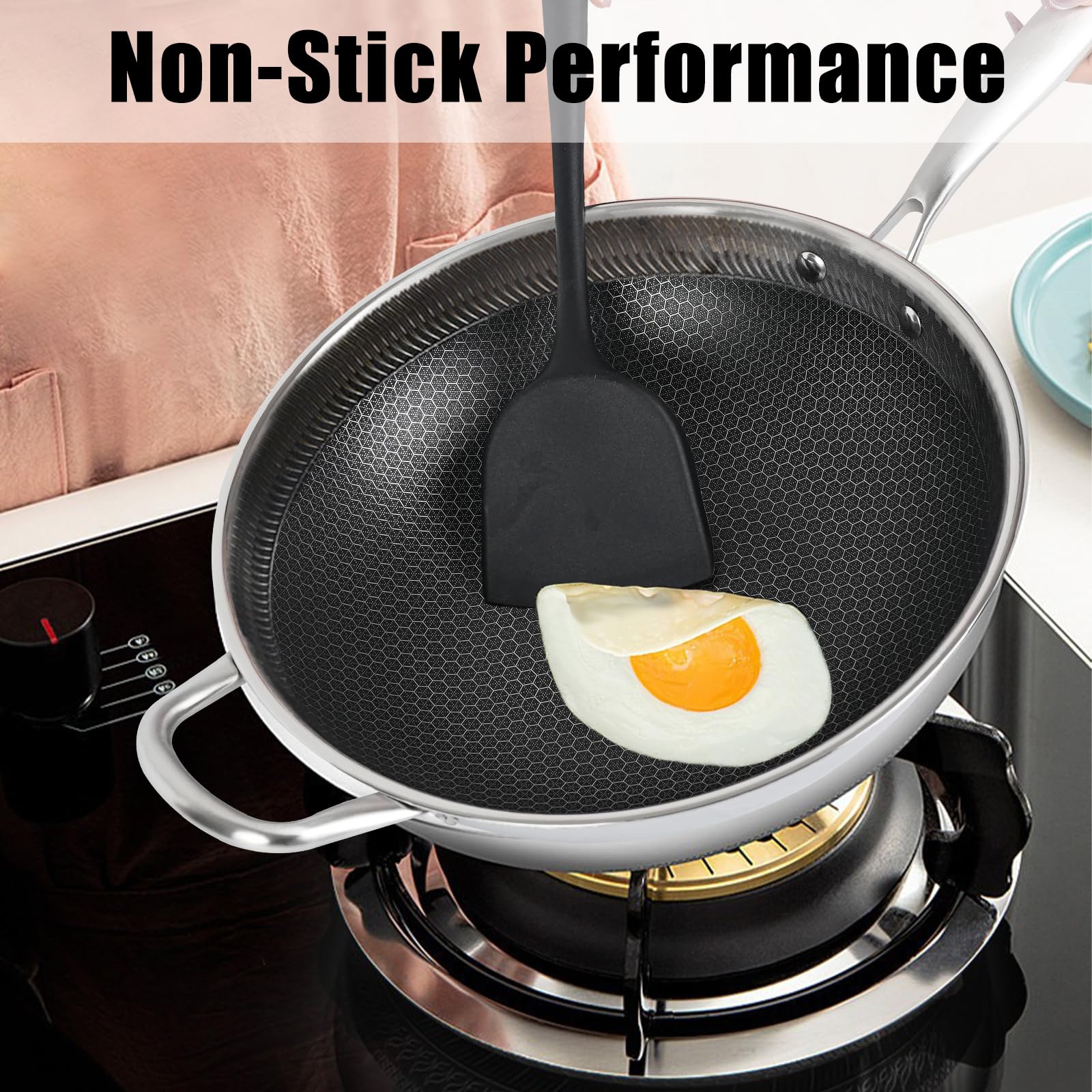 BigNoseDeer Wok Pan With lid Hybrid Nonstick 12.5Inch Honeycomb work With Handle Woks & Stir-Fry Pans Nonstick PFOA Free Cookware Suitable for Induction Ceramic Electric and Gas Cooktops