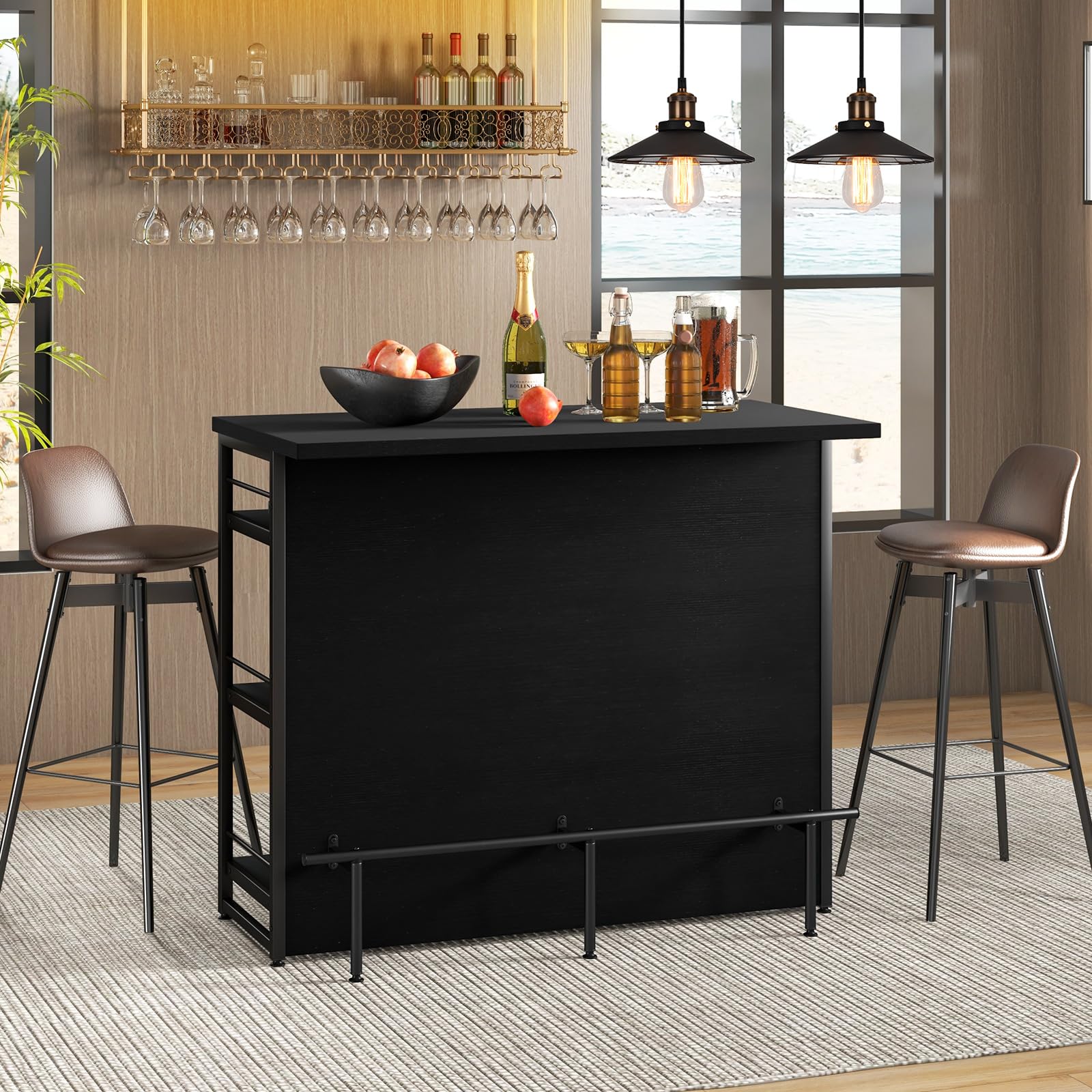 Giantex Home Bar Unit, 4 Tier Liquor Bar Table with Footrest, Wine Bottle Racks, Glass Holder, Industrial Corner Mini Coffee Bar Cabinet for Home Kitchen Pub (Black)