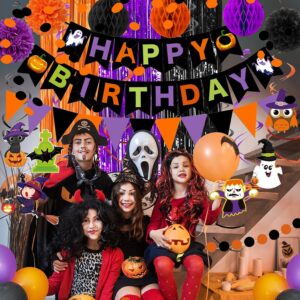 Halloween theme Birthday Party Decorations,Happy Birthday Decorations with Paper Triangle Flag,Hanging Swirl Streamers,Honeycomb Ball,Tissue Paper Pom,Circle Dots Garland, Fringe Curtains (birthday)