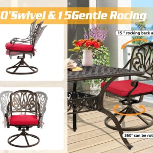 TITIMO Cast Aluminum 7-Piece Patio Dining Set with Cast-Top Table and Flower Swivel Rockers Chairs with Cushions, Outdoor Furniture Set for Backyard Porch Pool (Red)