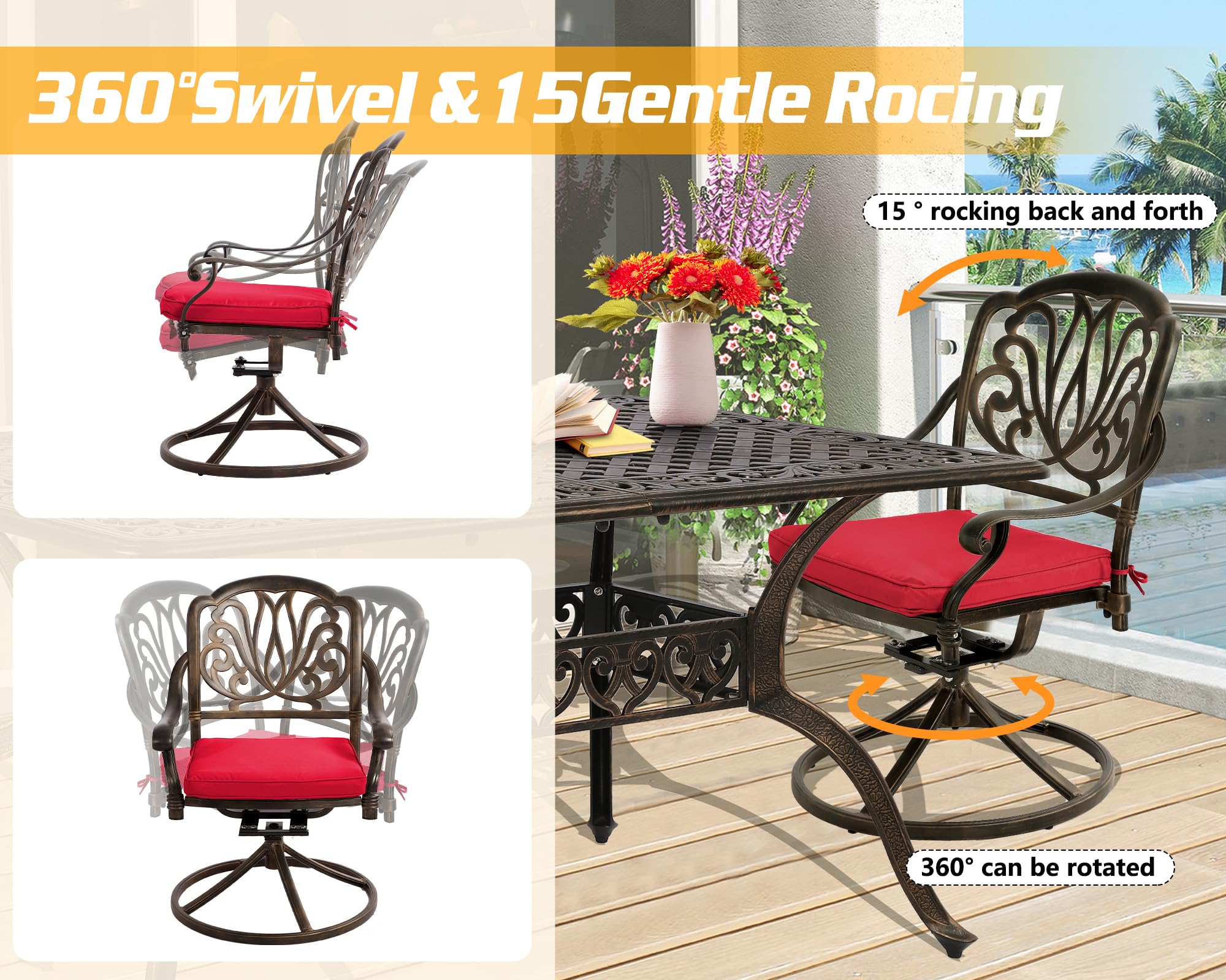 TITIMO Cast Aluminum 7-Piece Patio Dining Set with Cast-Top Table and Flower Swivel Rockers Chairs with Cushions, Outdoor Furniture Set for Backyard Porch Pool (Red)