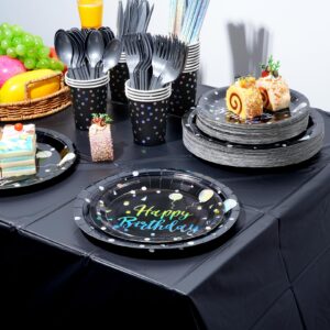 Happy Birthday Plates and Napkins Set Serve 25, Black and Iridescent Birthday Party Supplies, Disposable Paper Plates Napkins Cups, Birthday Tableware for Glitter Birthday Party Decorations