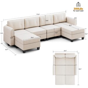 AYEASY Modular Sectional Sofa, Convertible Sectional Couches for Living Room U Shaped Sectional Sofa Couch with Storage Ottoman, High Supportive 6 Seats Reversible Sectionals 113'' with Chaise, Beige