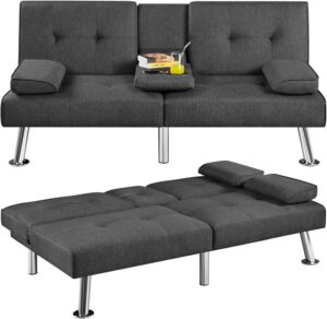 66'' convertible futon sofa bed modern folding small couch bed linen fabric, recliner lounge sofa for living room with 2 cup holders, removable armrests, sleeper loveseat, futon set (black+ gray)