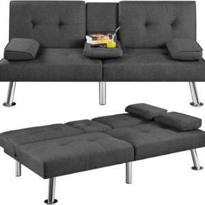 66'' Convertible Futon Sofa Bed Modern Folding Small Couch Bed Linen Fabric, Recliner Lounge Sofa for Living Room with 2 Cup Holders, Removable Armrests, Sleeper Loveseat, Futon Set (Black+ Gray)