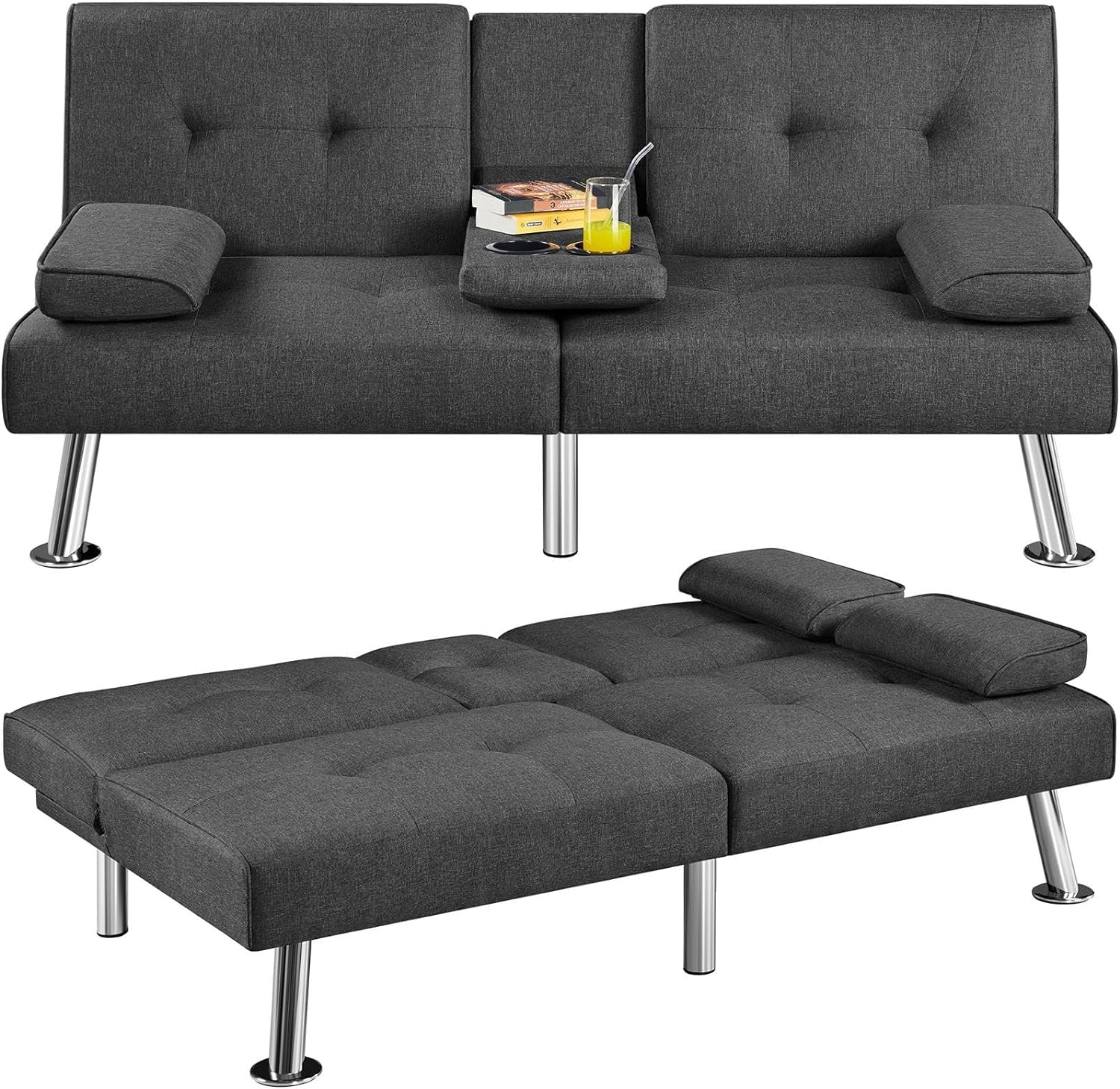 66'' Convertible Futon Sofa Bed Modern Folding Small Couch Bed Linen Fabric, Recliner Lounge Sofa for Living Room with 2 Cup Holders, Removable Armrests, Sleeper Loveseat, Futon Set (Black+ Gray)